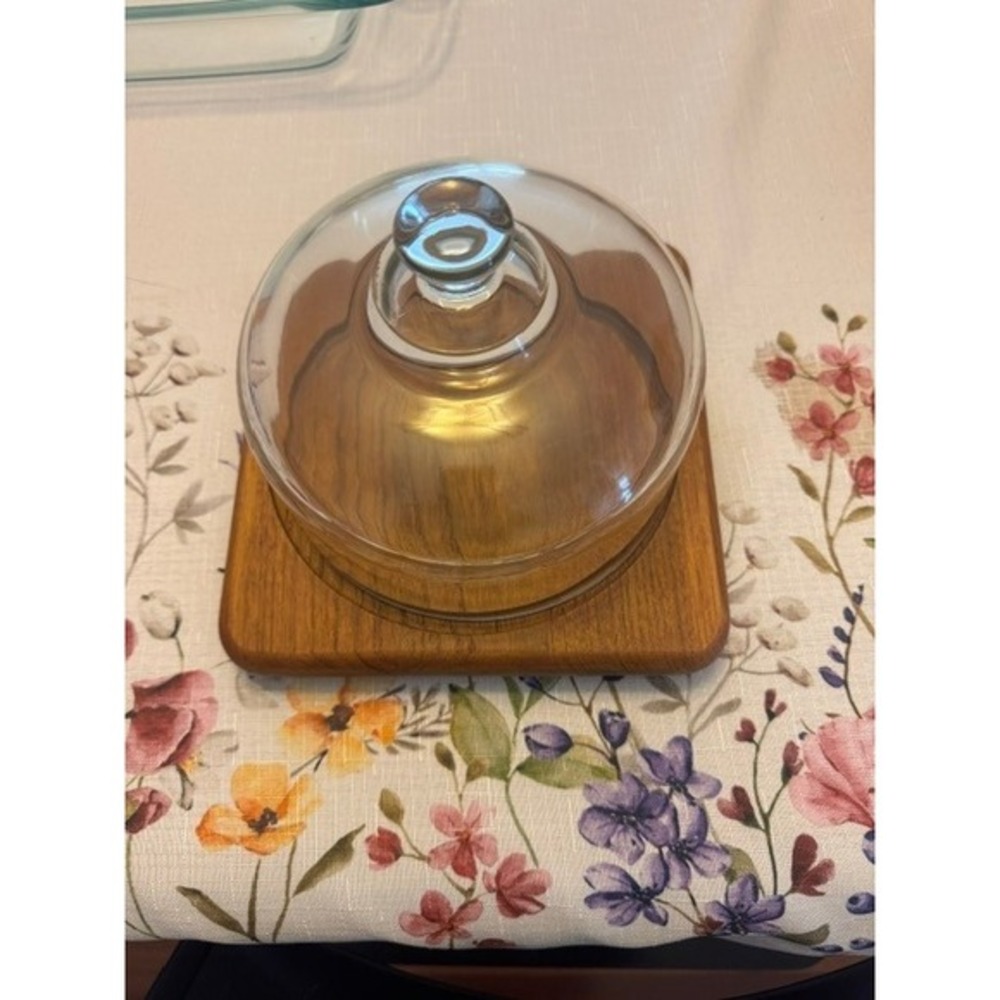 Vintage Goodwood Genuine Teakwood Cheese Server with Glass Dome Cloche Lid